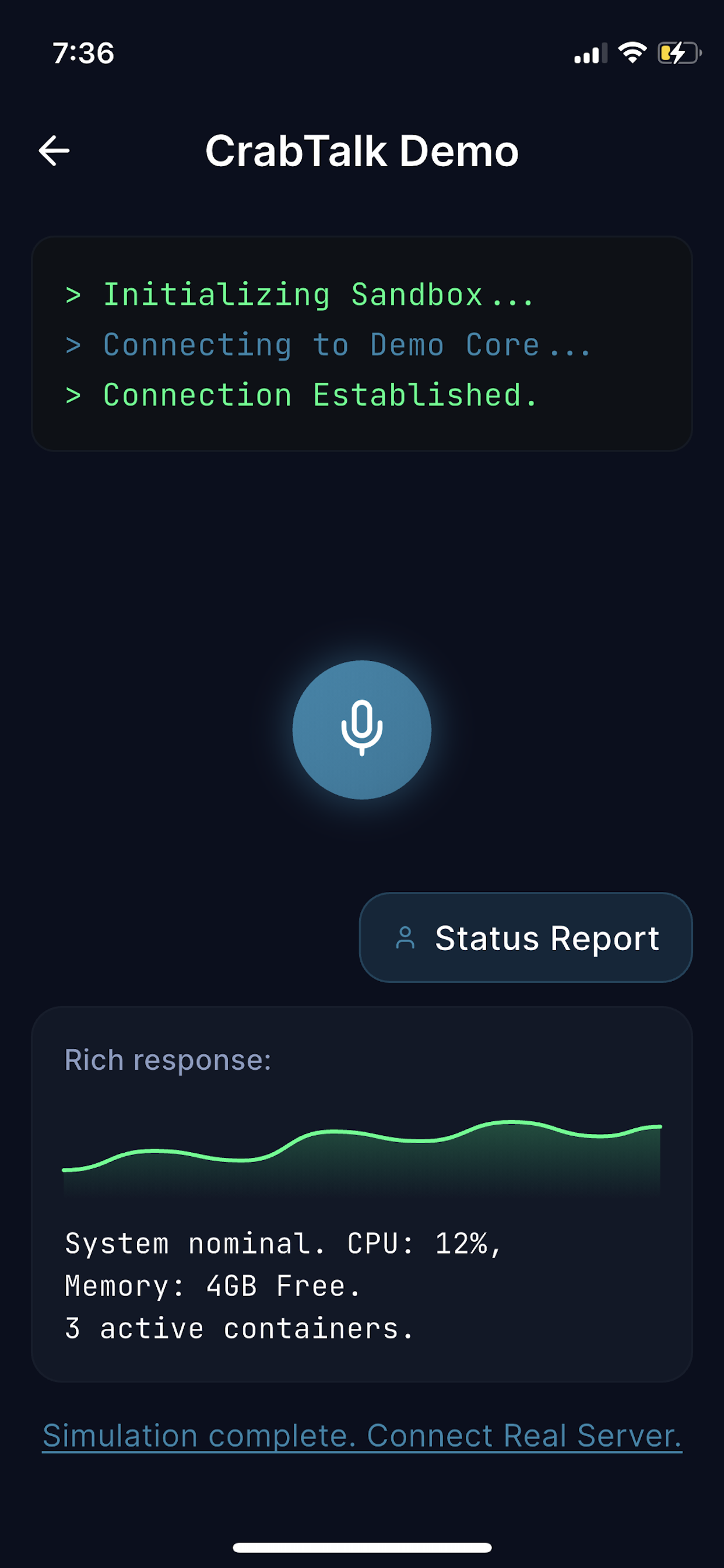 CrabTalk demo screen showing voice interface